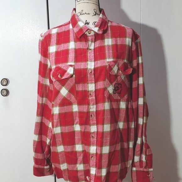Atmosphere- Mens Red & White Flannel Shirt Button down Chest pockets Sz.Large - Picture 1 of 6